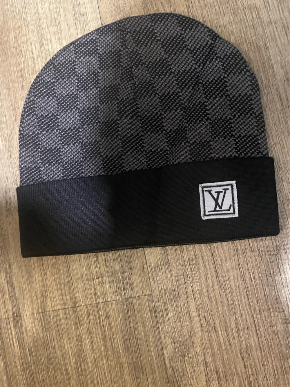 Louis Vuitton Gray and Black Checker Knit Beanie with LV Patch